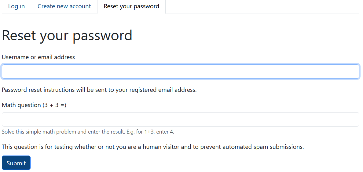 User account page with a field to enter the username or email and one for CAPTCHA